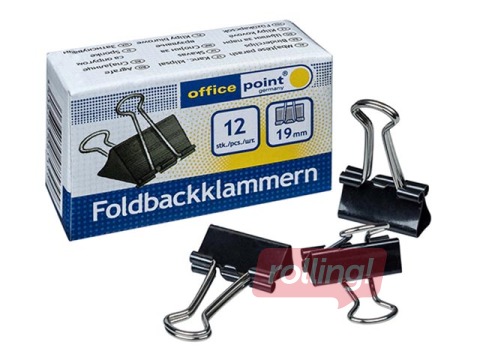 Klipši papīram Office Point, 19mm, melni, 12 gab.