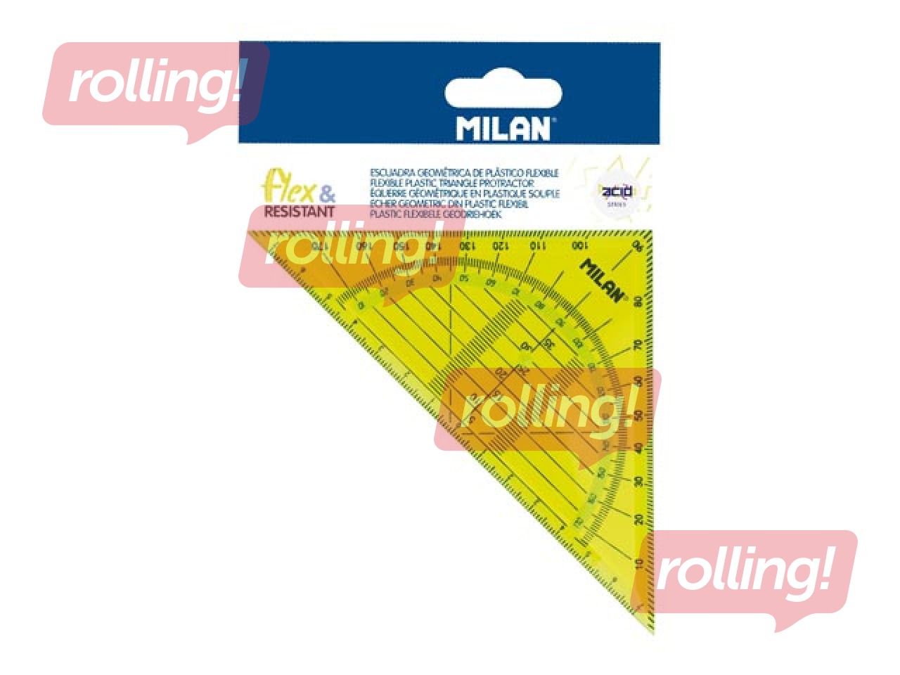 Trīsstūra lineāls + transportieris Milan, dzeltens, 14cm, 180°