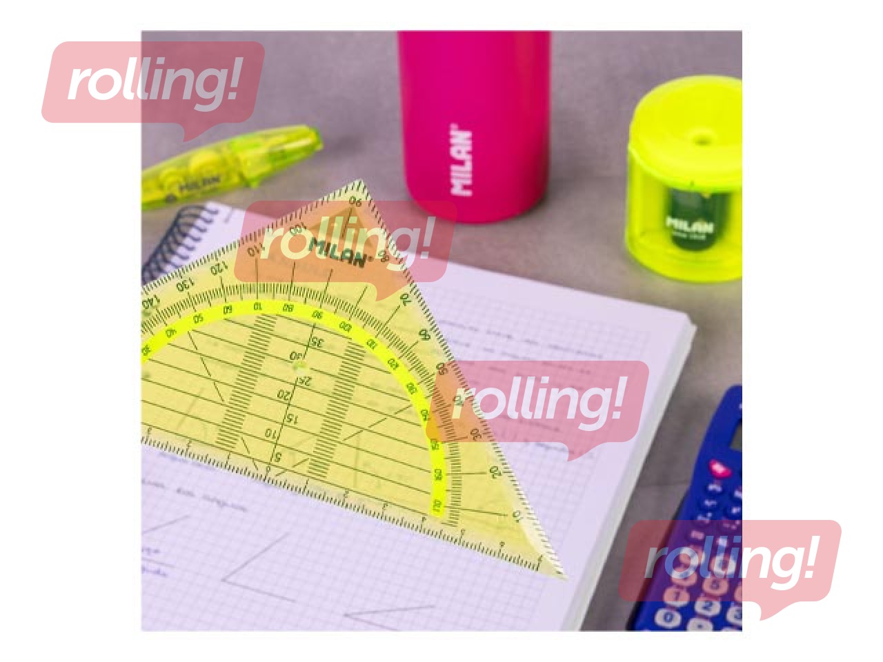 Trīsstūra lineāls + transportieris Milan, dzeltens, 14cm, 180°