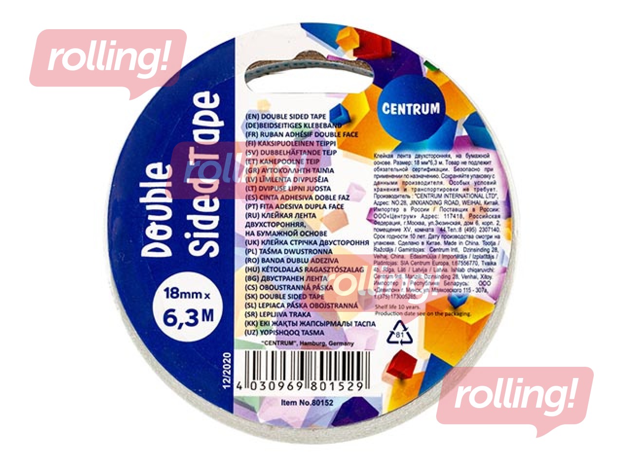 Līmlente abpusēja, Centrum, 18mm x 6.3m