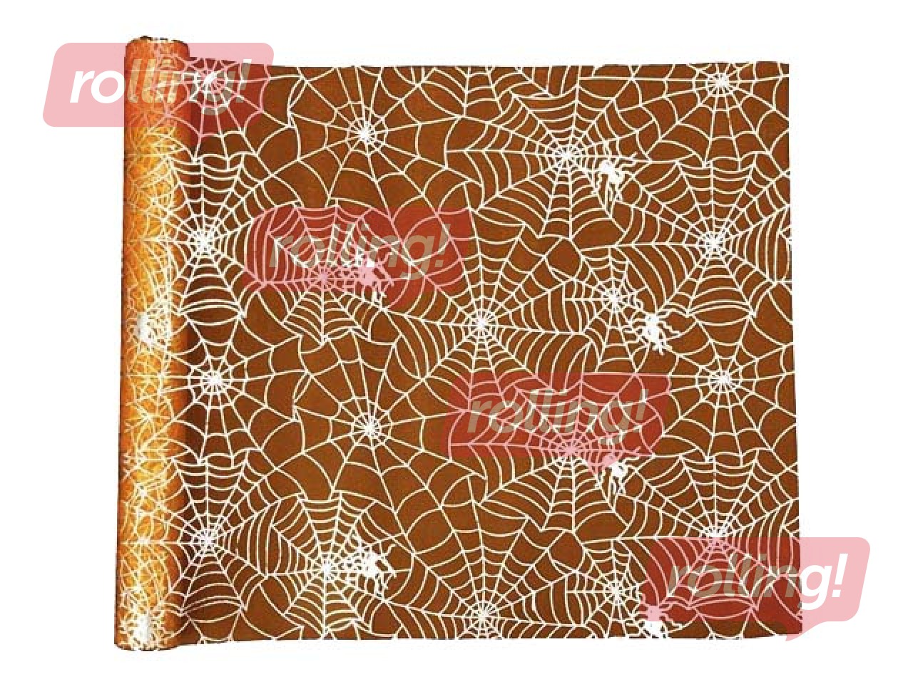 Galda celiņš, oranžs ar uzdrukātiem zirnekļu tīkliem