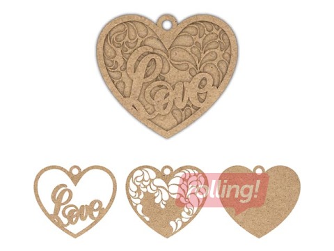 MDF dekorējamas sagataves, sirds, 3 gab.