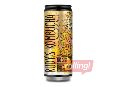 Kombuča Rudy's Kombucha, ananass un persiks, skārdene, 330ml (Taras depozīts iekļauts cenā)