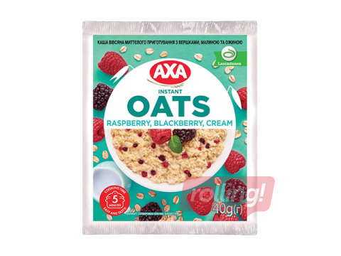 Ātri pagatavojamā auzu pārslu biezputra, AXA, ar krējumu, avenēm un kazenēm, 40g
