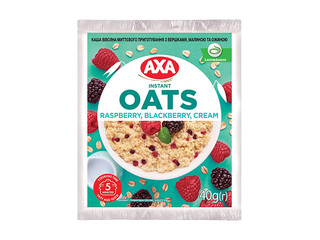 Ātri pagatavojamā auzu pārslu biezputra, AXA, ar krējumu, avenēm un kazenēm, 40g