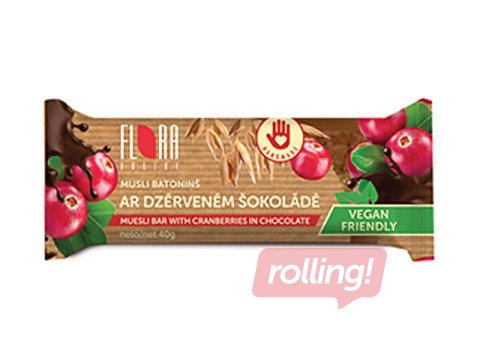 Musli batoniņš Flora ar dzērvenēm šokolādē, 40 g