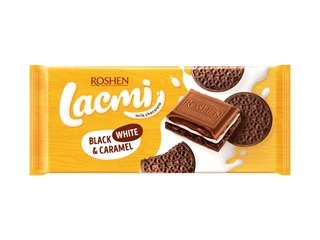 Šokolāde piena Lacmi black, white un caramele, Roshen, 100g