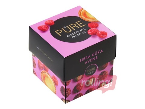 Šokolādes trifeles Pure Chocolate ar siera kūkas krēma pildījumu un aveņu dekoru, 96 g