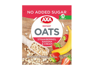 Ātri pagatavojamā auzu pārslu biezputra , AXA, bez cukura ar zemenēm, banānu un saldo krējumu 40g 