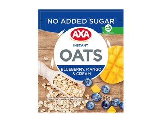 Ātri pagatavojamā auzu pārslu biezputra, AXA, bez cukura ar mellenēm, mango un saldo krējumu, 40g