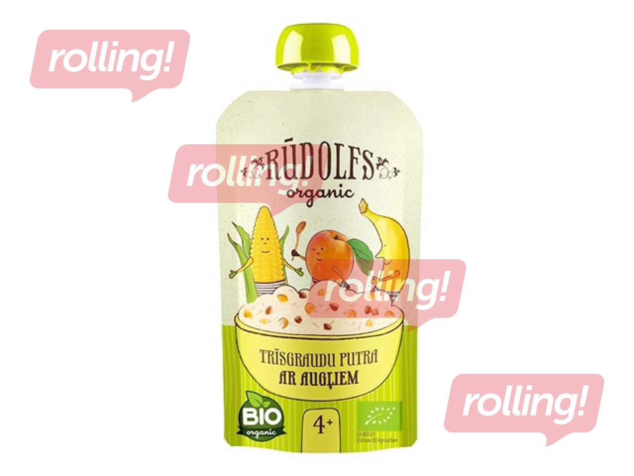 Trīsgraudu putra ar augļiem biezenis Rūdolfs BIO, no 4 mēnešiem, 110g (Minimālais pasūtījums 6 gab.)