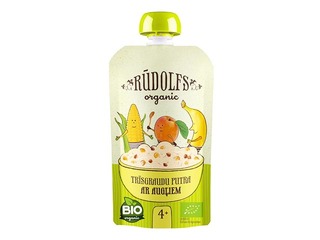 Trīsgraudu putra ar augļiem biezenis Rūdolfs BIO, no 4 mēnešiem, 110g (Minimālais pasūtījums 6 gab.)