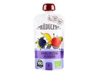 Biezenis Rūdolfs ābolu, bananu, melleņu BIO, no 4 mēnešiem, 110g (Minimālais pasūtījums 6 gab.)