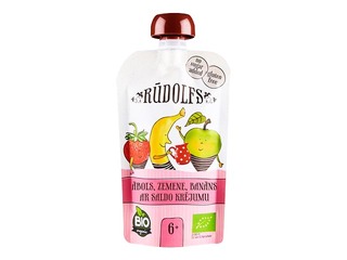 Biezenis Rūdolfs banānu, zemeņu ar saldo krējumu BIO, no 4 mēnešiem, 110g (Minimālais pasūtījums 