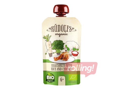 Dārzeņi ar rīsiem un vistas gaļu Rūdolfs BIO, no 6 mēnešiem, 110g (Minimālais pasūtījums 6 gab.)