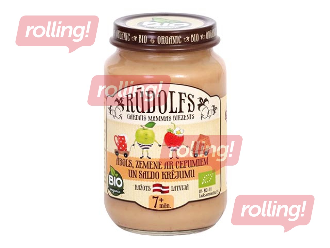Biezenis ar cepumiem, ābolu, zemenēm un saldo krējumu  Rūdolfs BIO, no 6 mēnešiem, 190g (Minimālai