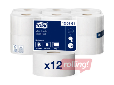 Tualetes papīrs Tork Universal Mini Jumbo T2, 12 ruļļi, 1 slānis, dabiski balta