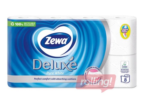 Tualetes papīrs Zewa Deluxe, tīri balts, 3 kārtas, 8 ruļļi 