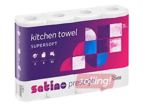 Papīra dvieļi Wepa Satino Prestige, 4 ruļļi, 3 slāņi, balti 