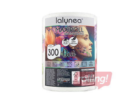 Papīra dvielis, Lalynea Maxiroll Deco, 3 slāņi, 300 loksnes, balts, 1 rullis