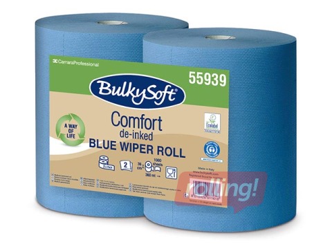 Industriālais papīrs Bulkysoft Comfort, 2 ruļļi, 360 m, 1000 loksnes, 36x36 cm 2 slāņi, zils