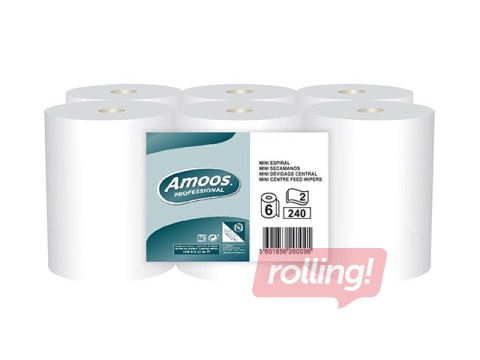 Papīra dvieļi ruļļos Amoos mini Centerfeed, M1, 2 slāņi, 6 ruļļi, 60m