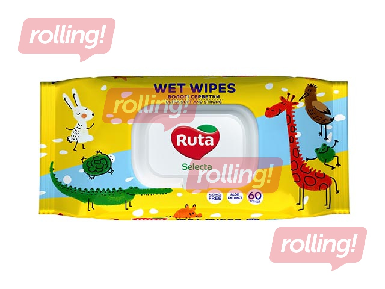 Mitrās salvetes Ruta Selecta, Animals, ar alvejas ekstraktu, 60 gab.