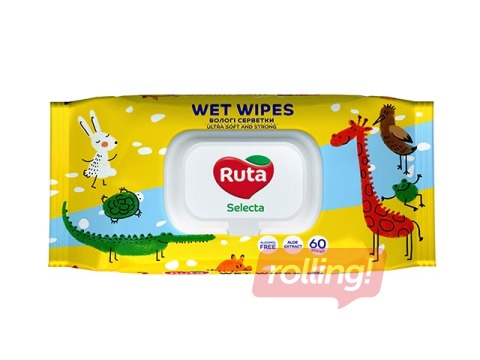 Mitrās salvetes Ruta Selecta, Animals, ar alvejas ekstraktu, 60 gab.