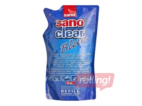 Tīrīšanas līdzeklis stiklam Sano Clear Blue, papildināšana, 750ml