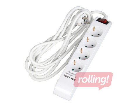 Pagarinātājs 4-vietīgs 5 m ar zemējumu un slēdzi + 2 x USB 2.1A, balts