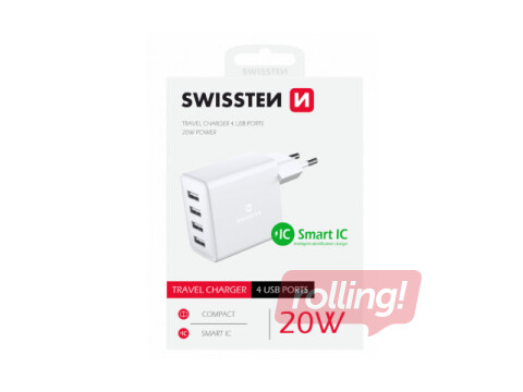 Lādētājs Swissten Smart IC Premium 4 x USB, 4A,  20W, balts