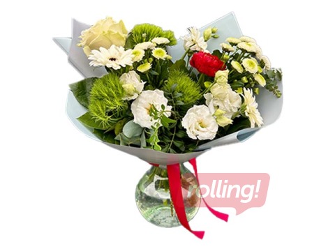 Ziedu pušķis no gerberām, neļķēm, lizantēm, rozēm un citiem ziediem, Ø49cm