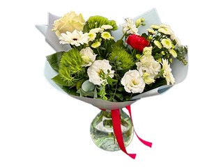 Ziedu pušķis no gerberām, neļķēm, lizantēm, rozēm un citiem ziediem, Ø49cm