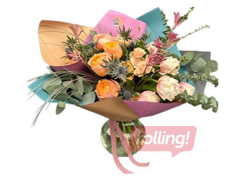 Ziedu pušķis no rozēm, tulpēm un zaļumiem, Ø52cm