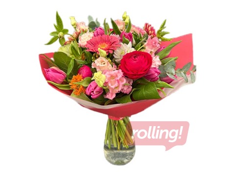 Ziedu pušķis no gerberām, ranunkuļiem, tulpēm, lizantēm un citiem ziediem un zaļumiem, Ø43cm