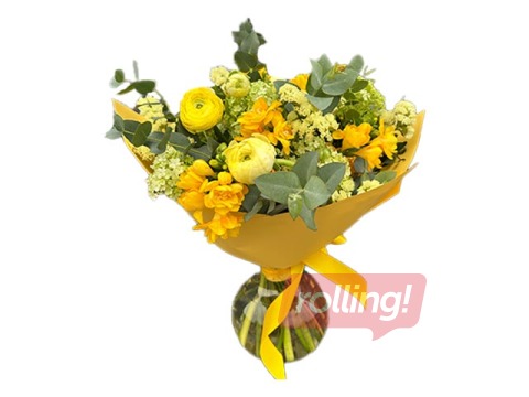 Ziedu pušķis no ranunkuļiem, frēzijām un citiem ziediem un zaļumiem, Ø40cm