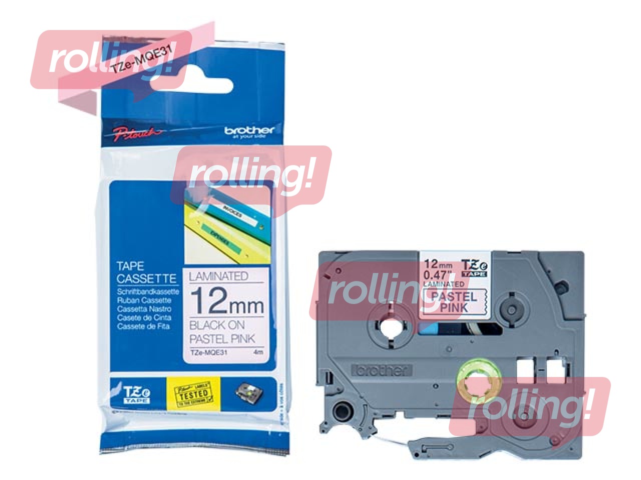 Dekoratīva uzlīmju lente Brother TZe-MQE31, melns uz gaiši rozā, 12mm x 4metri