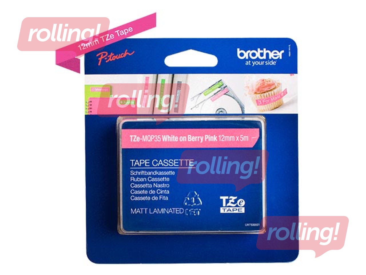Dekoratīva uzlīmju lente Brother TZe-MQP35, balts uz rozā, 12mm x 5metri