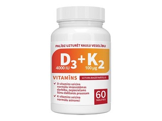 Uztura bagātinātājs, Vitamīns D3 4000 IU + Vitamīns K2 100 µg, 60 tabletes