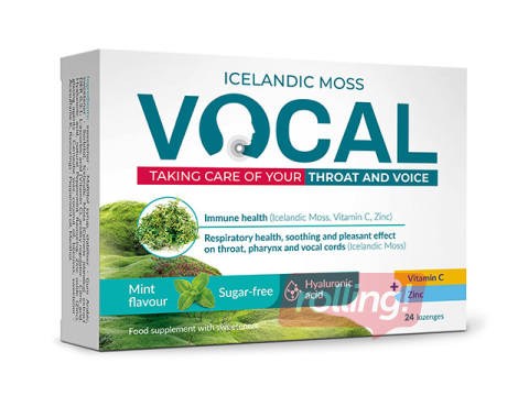 Uztura bagātinātājs Vocal, sūkājamās pastilas ar piparmētru garšu un hialuronskābi, 24 pastilas