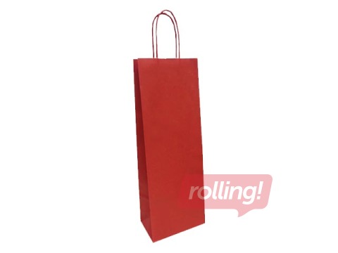 Papīra maisiņš ar pītu rokturi pudelēm 140x80x390mm, kraftpapīra, tumši sarkans