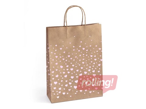 Papīra maisiņš ar rokturiem, 240x100x330mm, brūns ar rozā sirsniņām, 5 gab