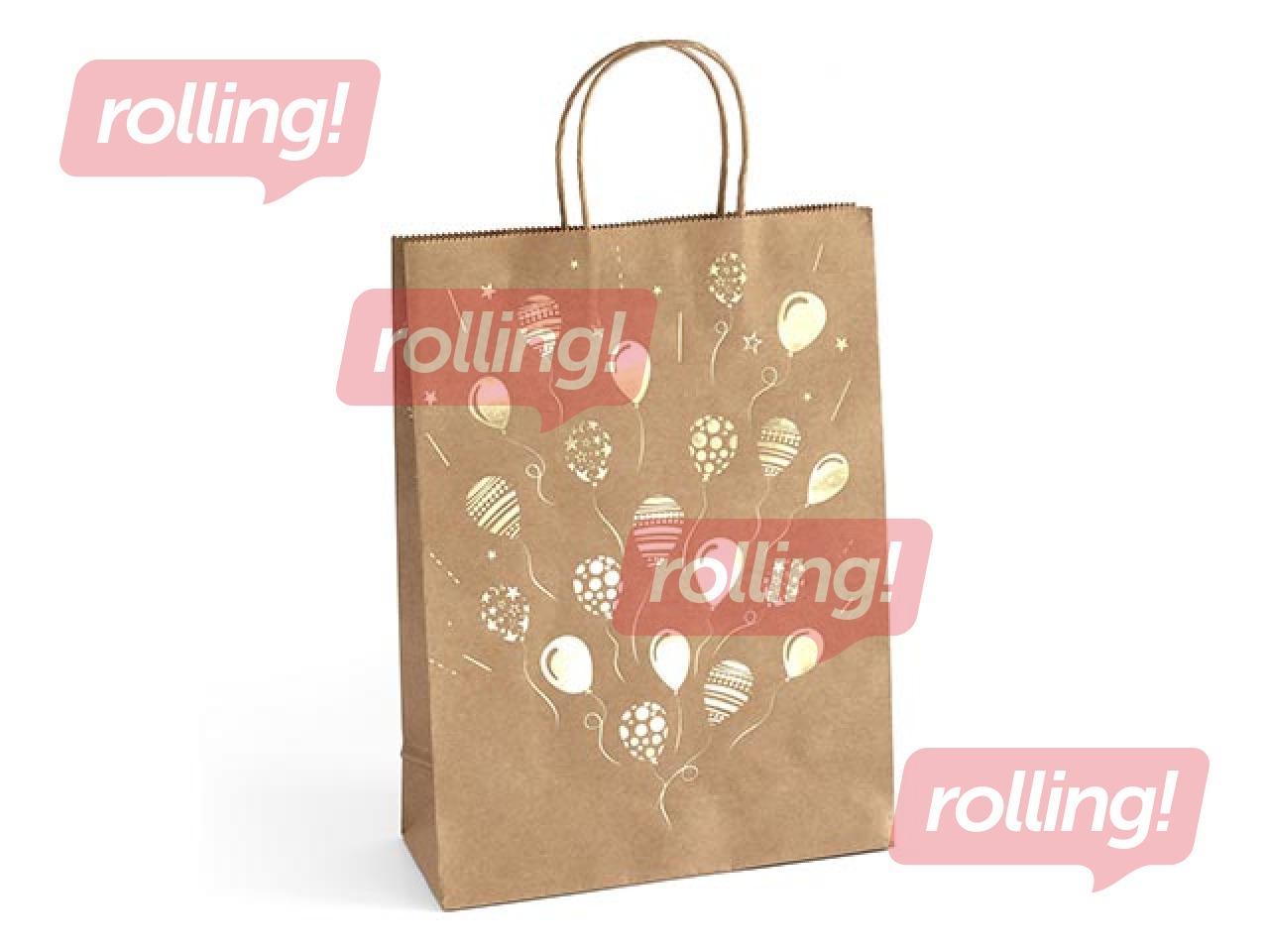 Papīra maisiņš ar rokturiem, 240x100x330mm, brūns ar zelta baloniem, 5 gab
