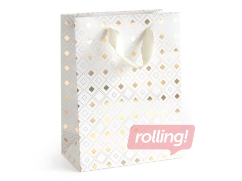 Papīra maisiņš ar rokturiem, 150x80x200mm, balts ar zelta motīvu, 5 gab.