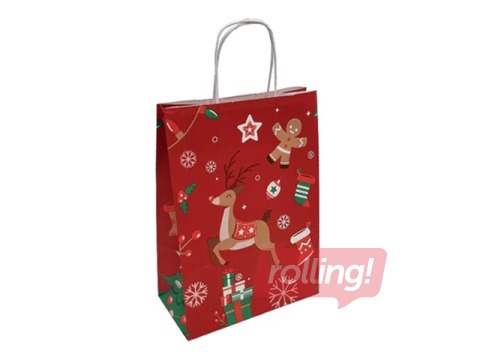 Ziemassvētku dāvanu maisiņš ar rokturiem, kraftpapīra, sarkans, 220x100x310mm