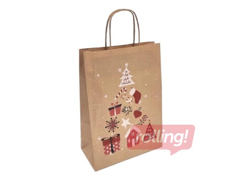 Ziemassvētku dāvanu maisiņš ar rokturiem, kraftpapīra, brūns, 220x100x310mm