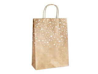 Papīra maisiņš ar rokturiem, brūns ar zelta zvaigznītēm, 240x100x330mm, 5 gab.