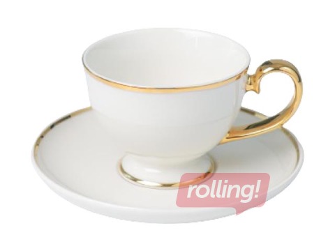 Porcelāna tase uz kājas ar apakštasi, PRIMA GOLD, balta ar zelta maliņu, 280ml, 16cm