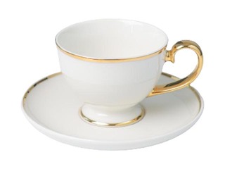 Porcelāna tase uz kājas ar apakštasi, PRIMA GOLD, balta ar zelta maliņu, 280ml, 16cm