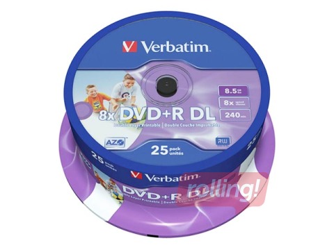 DVD+R DL Verbatim 8.5GB Double Layer 8x AZO, Wide Print. non ID, 25 Pack Spindle